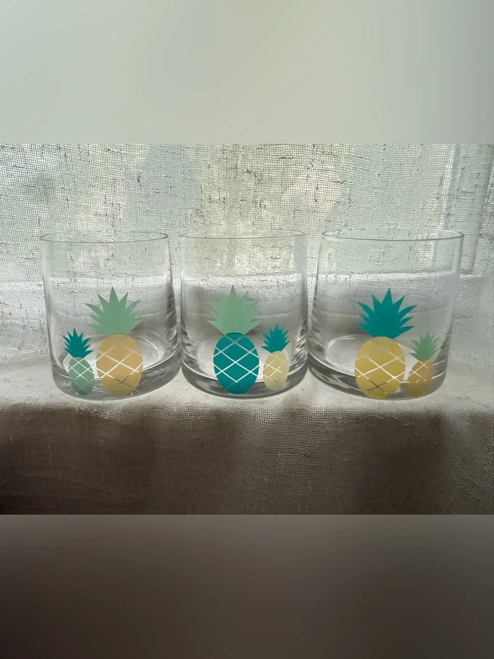 Set of 3 Pineapple Print Clear Glass Tumblers - Yellow & Teal